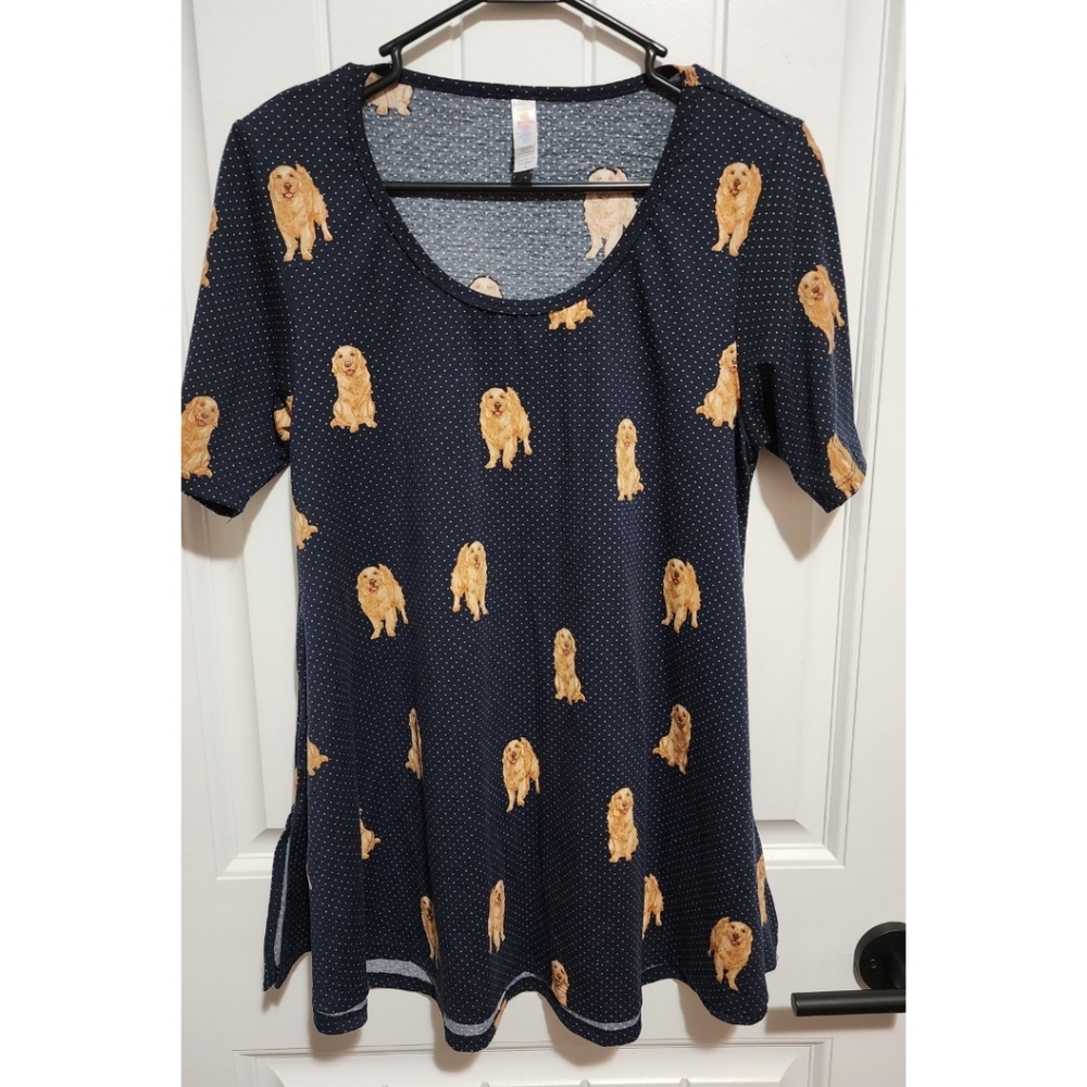 Lularoe perfect t golden retriever top shirt tunic small Navy polka dot